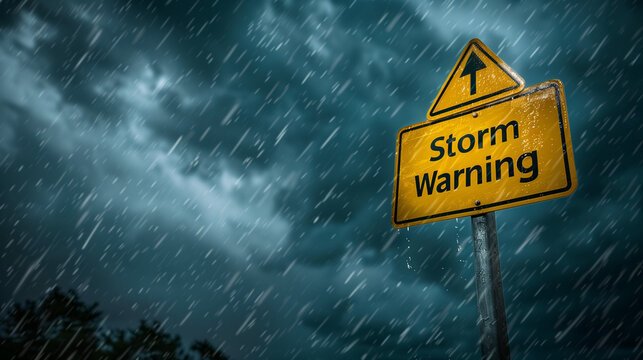 Storm warning on yellow warning signboard with dark cloud and falling rain on background, Heavy rain flash flooding and hurricane storm emergency warning 