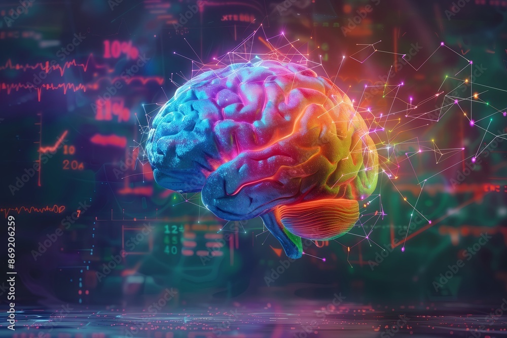 Poster A high resolution graph of a human brain with neural pathways highlighted in vibrant colors,