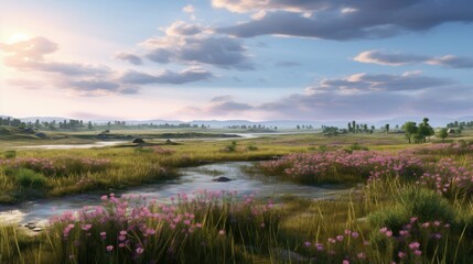 A beautiful landscape with a river running through it. The river is surrounded by tall grass and pink flowers.