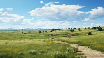 Fototapeta premium The image shows a beautiful landscape with green rolling hills, a blue sky, and a few trees. The hills are covered in green grass.