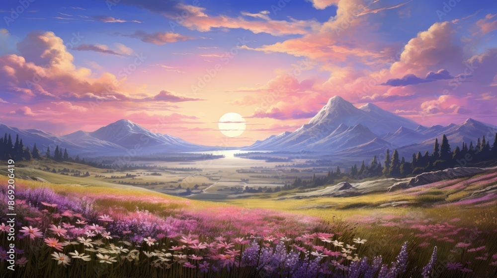 Poster a beautiful landscape with a mountain range in the distance. the foreground is a meadow with flowers