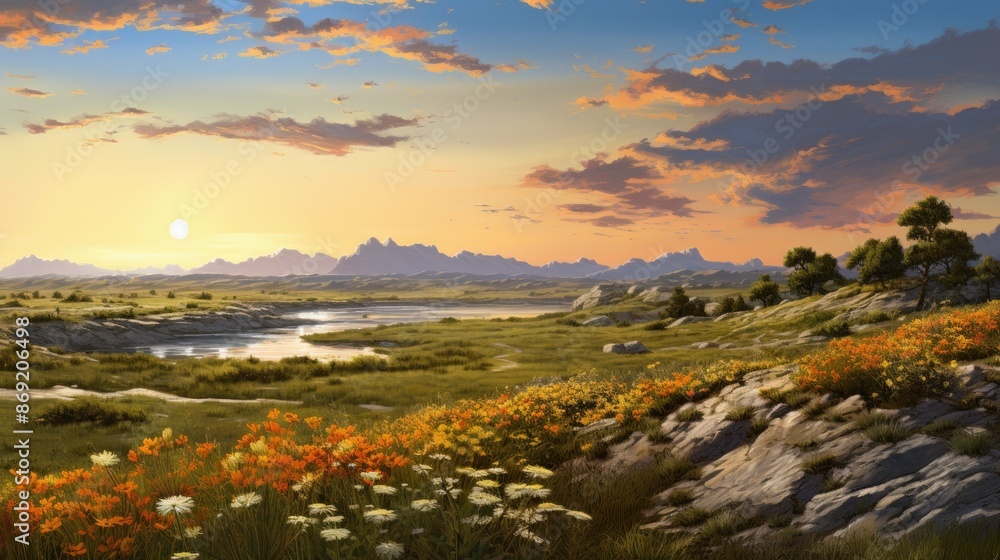 Poster a beautiful landscape image of a valley with a river running through it. there are mountains in the 