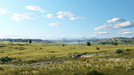 Obraz premium The image shows a beautiful landscape with a vast green field, a small river, and distant mountains.