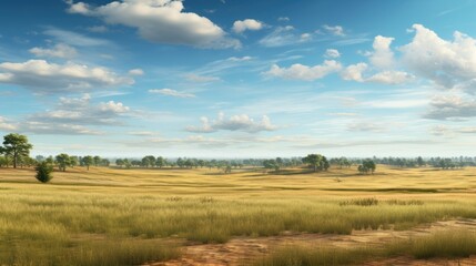Obraz premium The image shows a vast golden field of wheat under a blue sky with white clouds. There are trees in the distance. The image is peaceful and serene.
