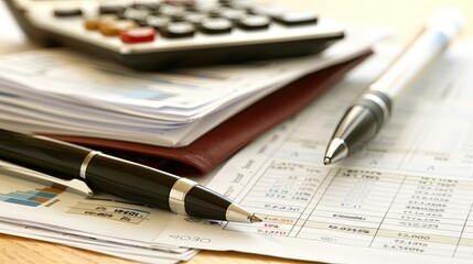 Organized Finance Related Still Life Arrangement with Calculator Pen and Reports on Desk