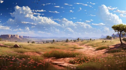 This is a beautiful landscape image of a vast desert with a clear blue sky and fluffy white clouds.