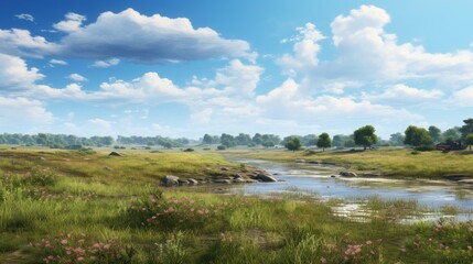 Amazing landscape with green field and river flowing through it. Blue sky with white clouds in the background.