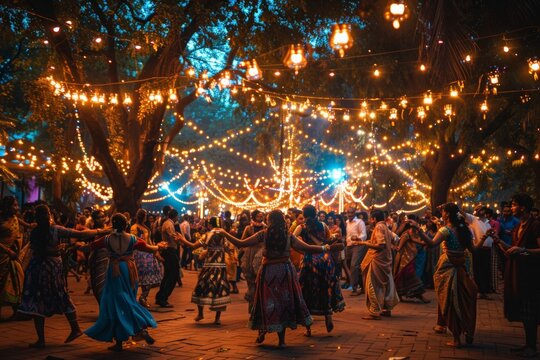 Nighttime dance celebration at an Indian festival with string lights and cultural attire.