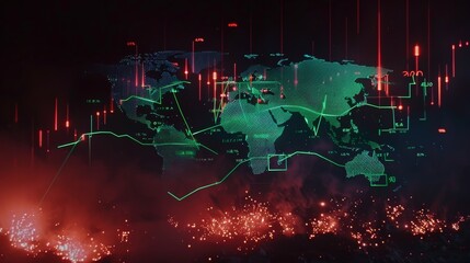 Futuristic global financial network visualization. Glowing green data streams flow across a world map. Stock charts, graphs, and numeric data overlay the dark background.