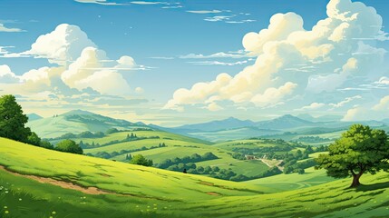 A beautiful landscape image of a green rolling hills with a blue sky and white clouds. The image is very peaceful and serene.