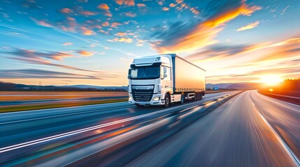 Modern truck driving on a highway during sunset. This high-resolution, digitally crafted image shows transportation and logistics concepts. Ideal for marketing materials and industry presentations. AI