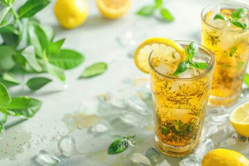 Fototapeta premium Refreshing image of iced green tea with zesty lemon and a touch of matcha