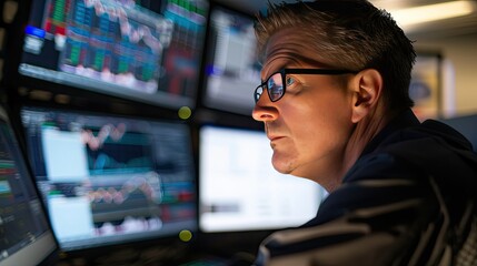 Intense Focus of Foreign Currency Exchange Trader Monitoring Live Market Data on Multiple Screens in Fast Paced Trading Terminal