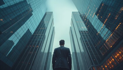 Fototapeta premium A man in a business suit stands confidently, gazing upward, surrounded by modern glass buildings in a financial district, reflecting ambition and a promising future.
