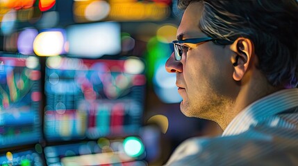 Foreign Currency Exchange Trader Intently Monitoring Live Market Data on Multiple Screens