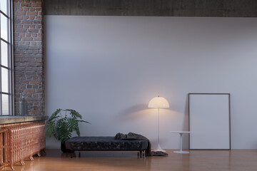 white wall contemporary living room interior with bench and white empty poster	