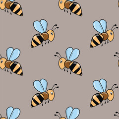 Seamless pattern with bees on color background. Small wasp. Vector illustration. Adorable cartoon character. Template design for invitation, cards, textile, fabric. Doodle style