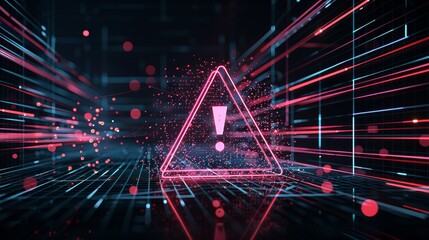 Glowing pink triangular warning sign with exclamation mark floats in digital space. Luminous blue grid lines rush towards center, creating illusion of depth. 