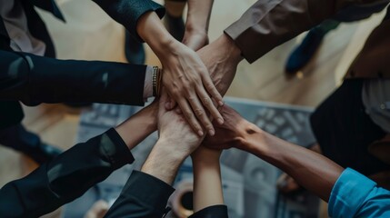 Diverse team of business professionals coming together in a spirit of teamwork and collaboration