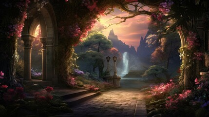 A beautiful landscape with a long stone path leading through a magical forest. The path is surrounded by tall trees and lush vegetation.