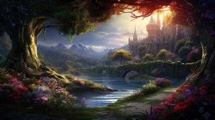 A beautiful landscape with a castle, mountains, and a river. The castle is surrounded by trees and flowers, and there is a bridge leading to it.