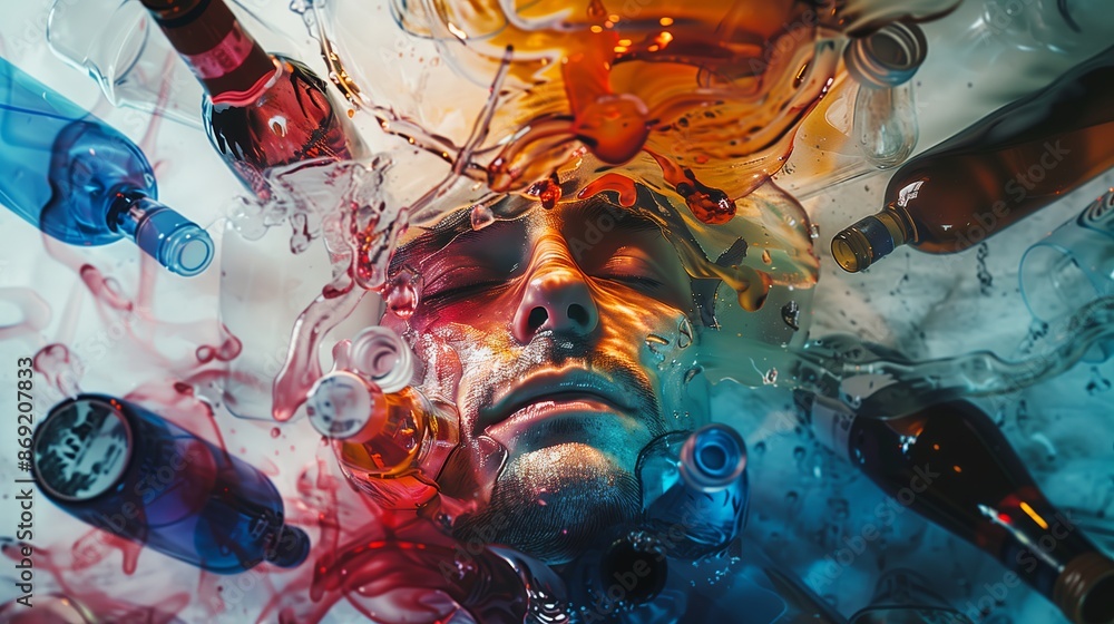 Poster A surreal of a person s face distorted as if melting into a pool of alcohol, surrounded by empty