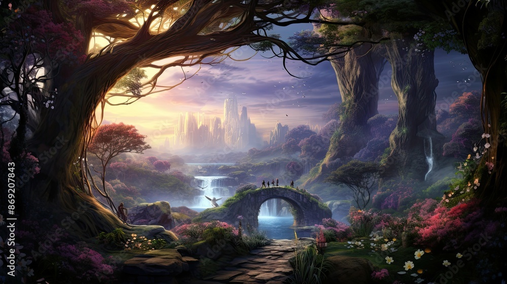 Poster the image is a beautiful landscape of a fantasy world. there is a large tree in the foreground, and 