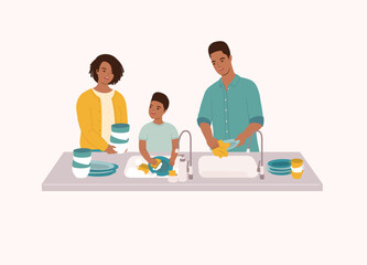 Black Family Washing Dishes Together In The Kitchen. Smiling Little Boy At Kitchen Sink Helping His Father And Mother To Wash The Dishes.
