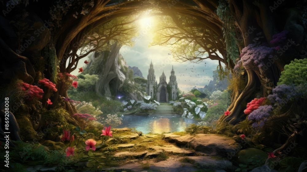 Poster mystical path leading to a temple in the middle of an enchanted forest with a pond and a bright ligh