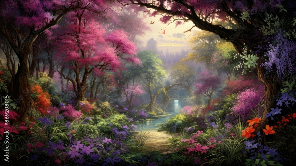 Poster mystical path in the middle of an enchanted forest with a crystal clear river and a small stone brid