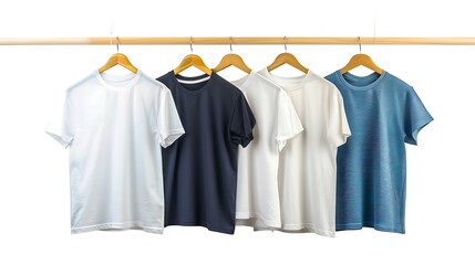 Four T-shirts on Wooden Hanger Against White Background