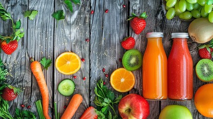 Fresh fruits and vegetables with juice bottles on rustic wooden background. Vibrant colors and healthy lifestyle. Perfect for food blogs, recipes, and dietary guides. AI