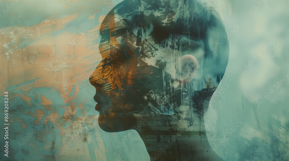 Aufkleber A surreal of a person with multiple transparent layers of their head, each layer slightly shifted,