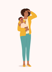 Stay-At-Home Black Mother Stressed By Taking Care Of Her Crying Baby Girl. Full Length.