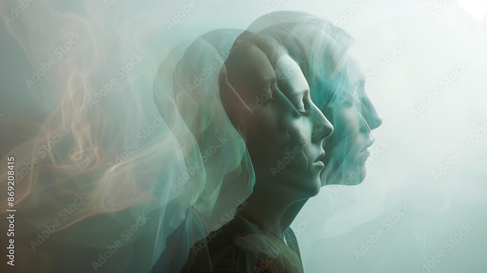 Poster A surreal of a person with multiple transparent layers of their head, each layer slightly shifted,