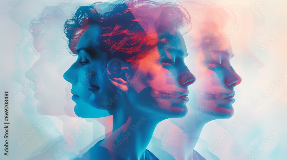 Poster A surreal of a person with multiple transparent layers of their head, each layer slightly shifted,