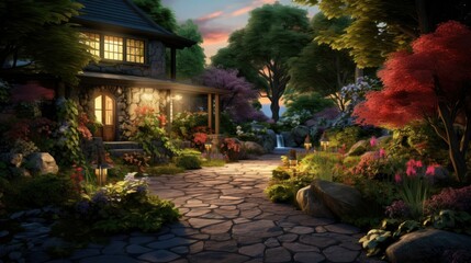 Obraz premium A beautiful stone cottage nestled in a lush garden with a colorful variety of flowers and a trickling stream.