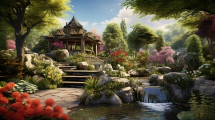 Fototapeta premium A beautiful landscape with a traditional Japanese garden. A small waterfall flows into a pond, and a stone path leads to a pavilion in the distance.
