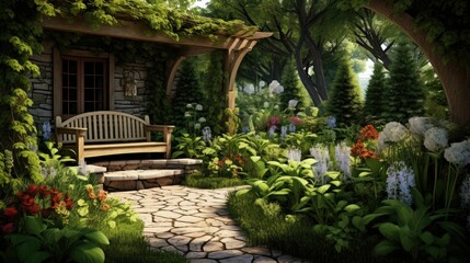 Obraz premium A beautiful garden with a stone house. The garden is full of flowers and plants.