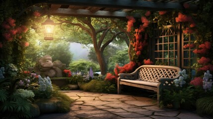A beautiful garden with a stone path leading to a bench under a wooden pergola. The pergola is covered in vines with red flowers.