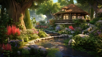 Small fantasy house in the middle of a lush forest. A stream flows through the front yard, and there are flowers and plants everywhere.