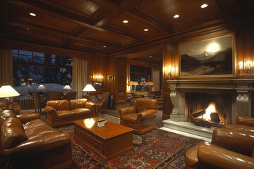 European retro living room interior with fireplace