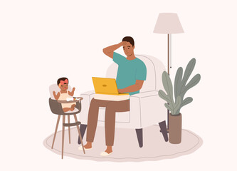 Stressful Black Father Overwhelmed By Taking Care Of His Baby Girl While Working At Home.