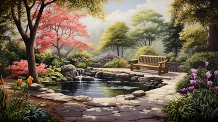 A beautiful garden with a pond, waterfall, and stone bench. The trees are in full bloom and the flowers are colorful.