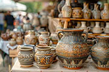 A display of intricately designed pottery at a market.