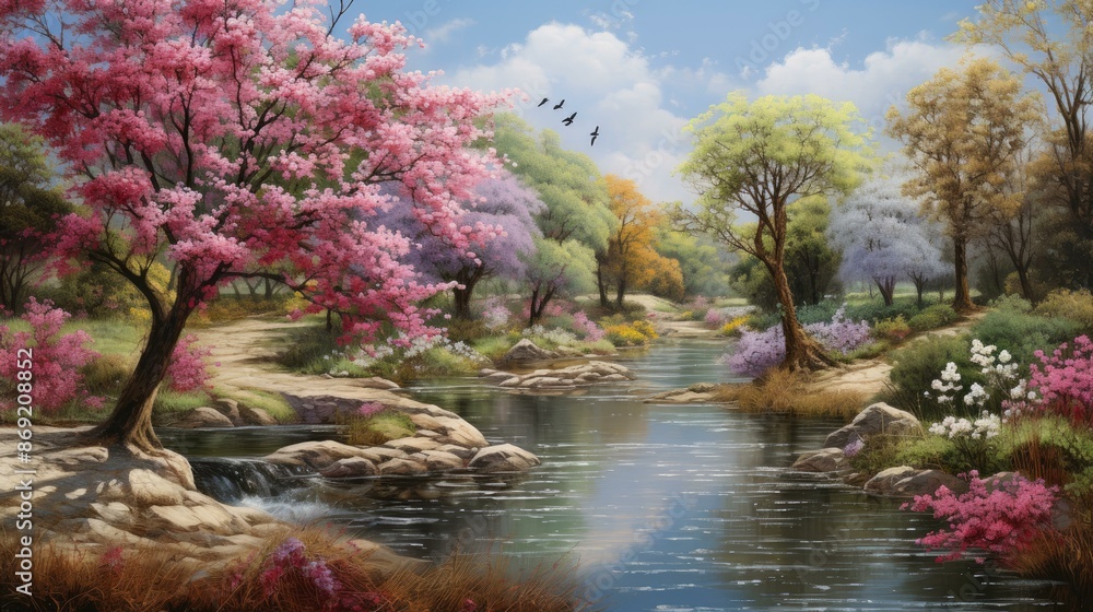 Poster the image is of a beautiful landscape with a river running through it. the trees are in full bloom a
