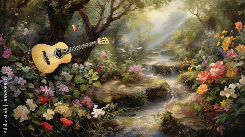 Poster the image is a beautiful landscape with a river running through it. the river is surrounded by a lus