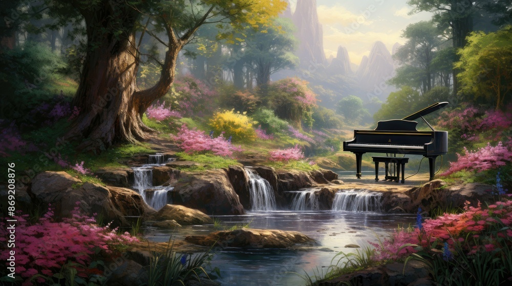 Poster the image is a beautiful landscape of a forest with a river running through it.