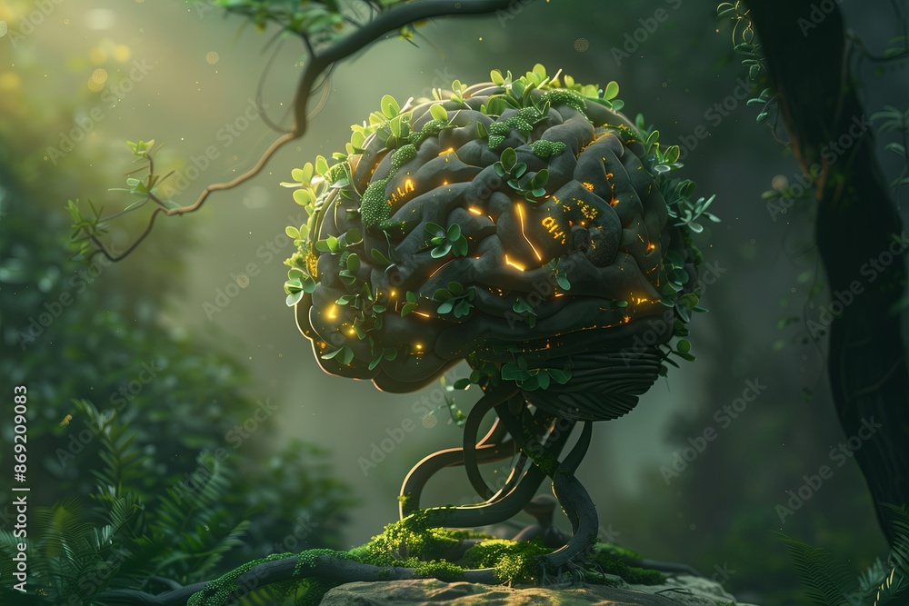 Poster style abstract psychology concept with brain like shapes formed from intertwined vines and leaves,