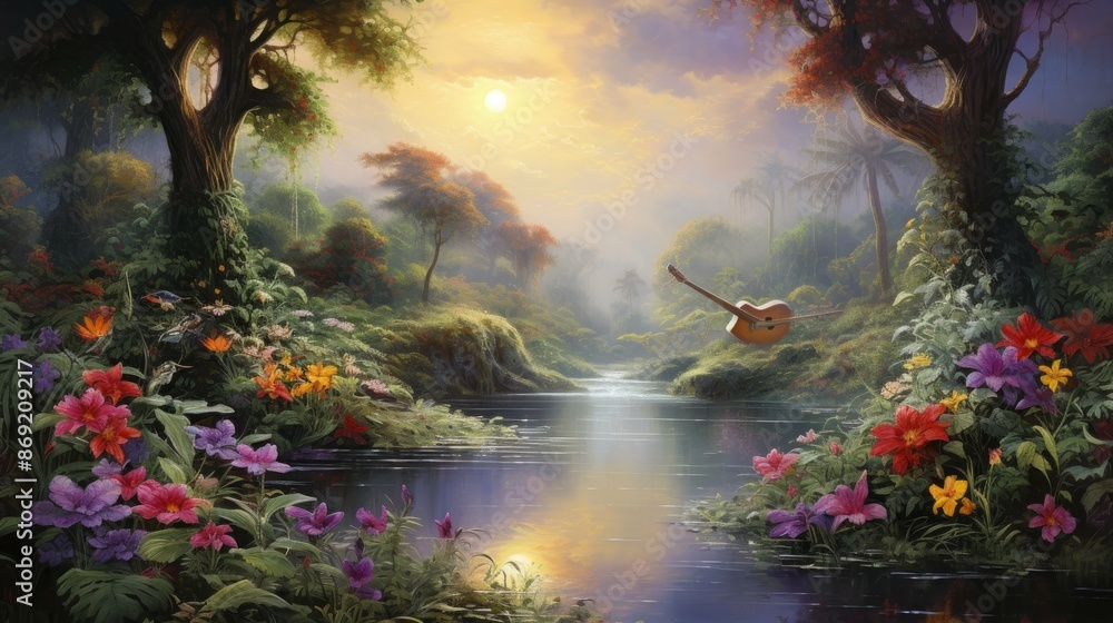 Poster the image is a beautiful landscape of a jungle with a river running through it. the sun is setting a